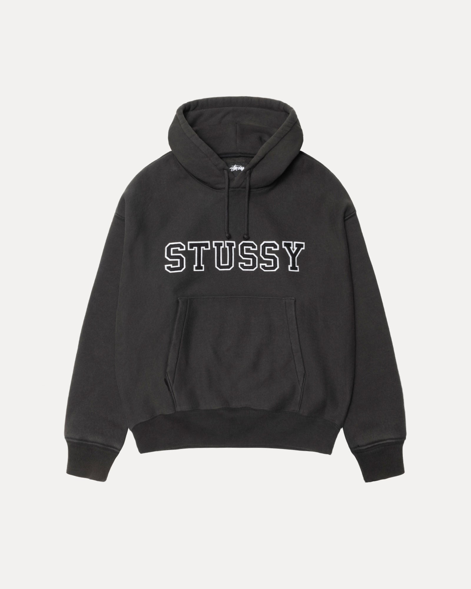 Stussy Applique Hood Mens Long Sleeve In Black | hero:main:collection:new-arrivals,shirts,tops-shirts,all,tees,outerwear,denim,knits,accessories,sunglasses,hoodies,sweats,mens-hoodies-sweatshirts,shorts,pants,bottoms