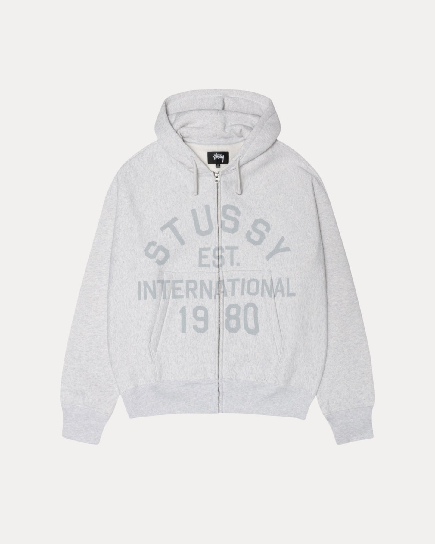 Stussy Est Printed Zip Hood Mens Long Sleeve In Ash Heather | hero:main:collection:new-arrivals,shirts,tops-shirts,all,tees,outerwear,denim,knits,accessories,sunglasses,hoodies,sweats,mens-hoodies-sweatshirts,shorts,pants,bottoms