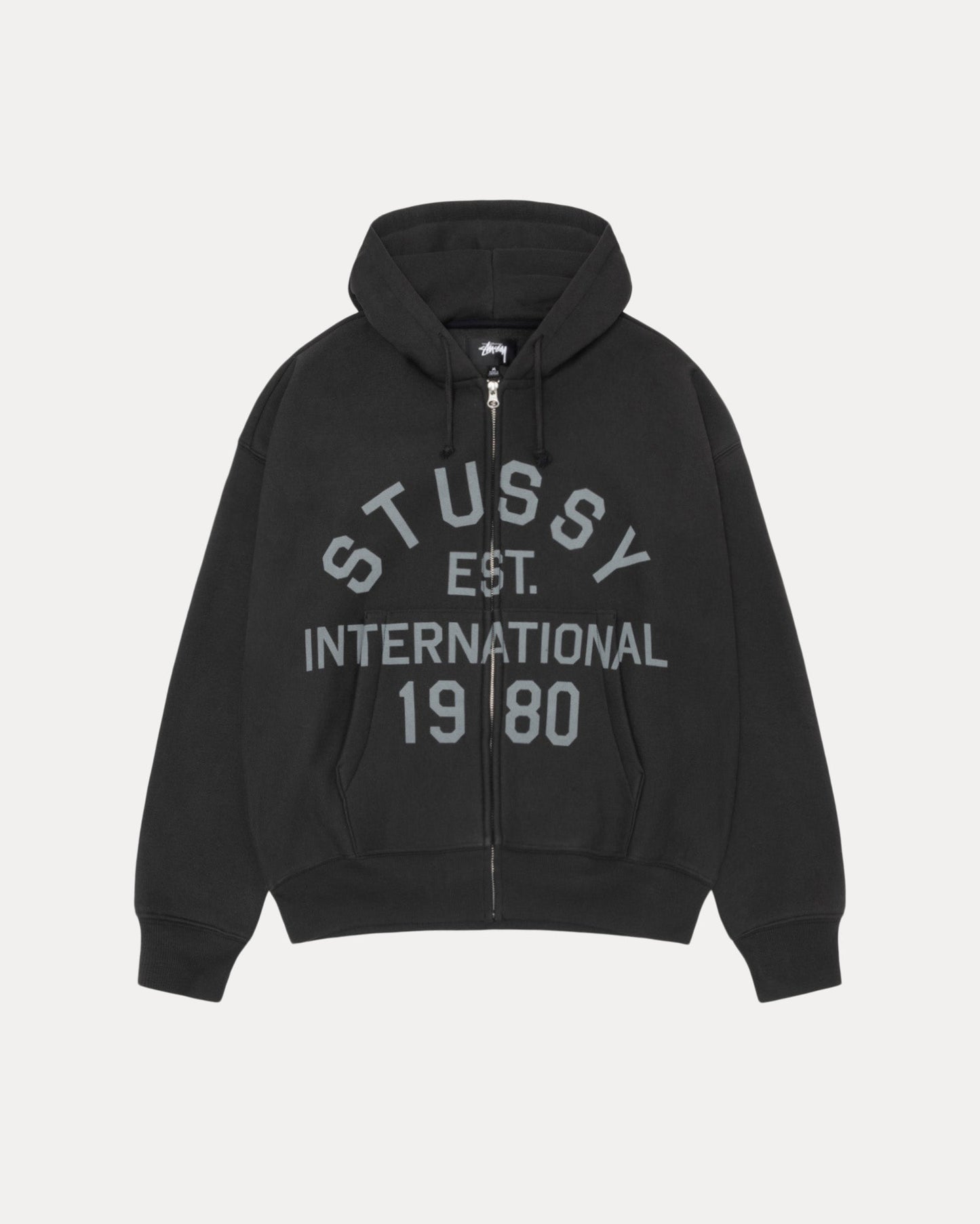 Stussy Est Printed Zip Hood Mens Long Sleeve In Black | hero:main:collection:new-arrivals,shirts,tops-shirts,all,tees,outerwear,denim,knits,accessories,sunglasses,hoodies,sweats,mens-hoodies-sweatshirts,shorts,pants,bottoms