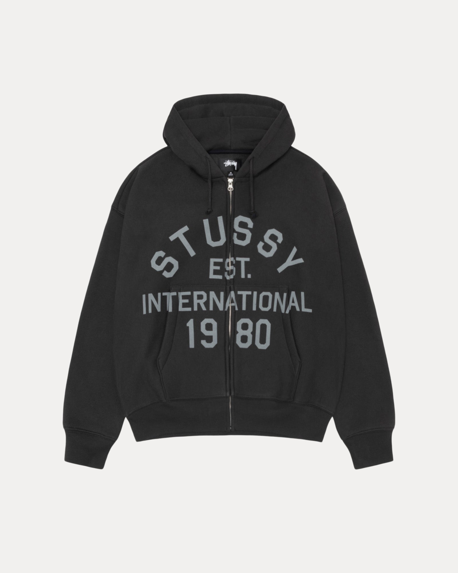Stussy Est Printed Zip Hood Mens Long Sleeve In Black | hero:main:collection:new-arrivals,shirts,tops-shirts,all,tees,outerwear,denim,knits,accessories,sunglasses,hoodies,sweats,mens-hoodies-sweatshirts,shorts,pants,bottoms