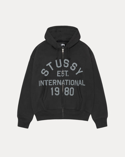 Stussy Est Printed Zip Hood Mens Long Sleeve In Black | hero:main:collection:new-arrivals,shirts,tops-shirts,all,tees,outerwear,denim,knits,accessories,sunglasses,hoodies,sweats,mens-hoodies-sweatshirts,shorts,pants,bottoms