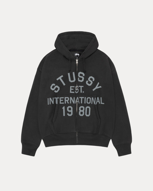 Stussy Est Printed Zip Hood Mens Long Sleeve In Black | hero:main:collection:new-arrivals,shirts,tops-shirts,all,tees,outerwear,denim,knits,accessories,sunglasses,hoodies,sweats,mens-hoodies-sweatshirts,shorts,pants,bottoms