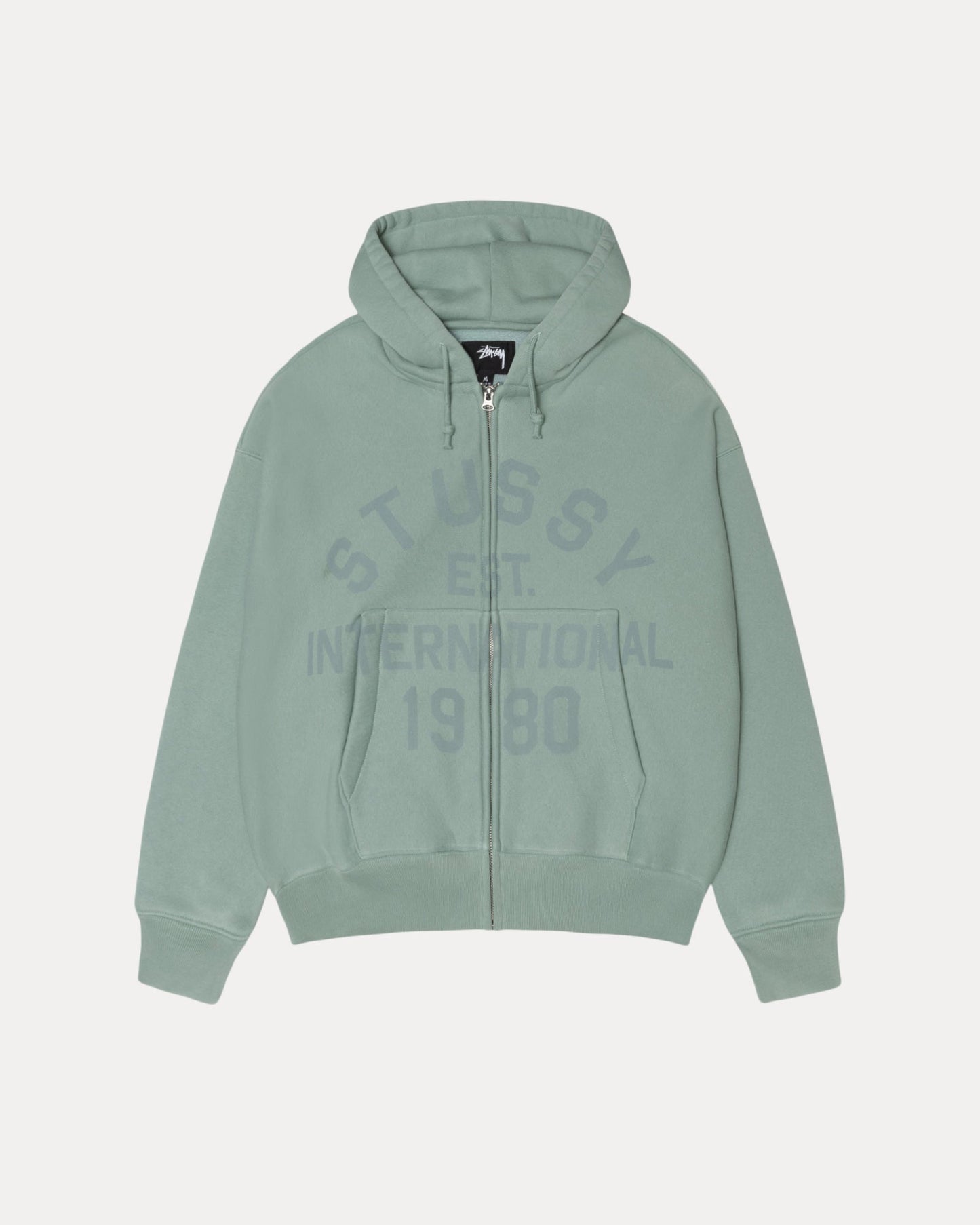 Stussy Est Printed Zip Hood Mens Long Sleeve In Grey Green | hero:main:collection:new-arrivals,shirts,tops-shirts,all,tees,outerwear,denim,knits,accessories,sunglasses,hoodies,sweats,mens-hoodies-sweatshirts,shorts,pants,bottoms