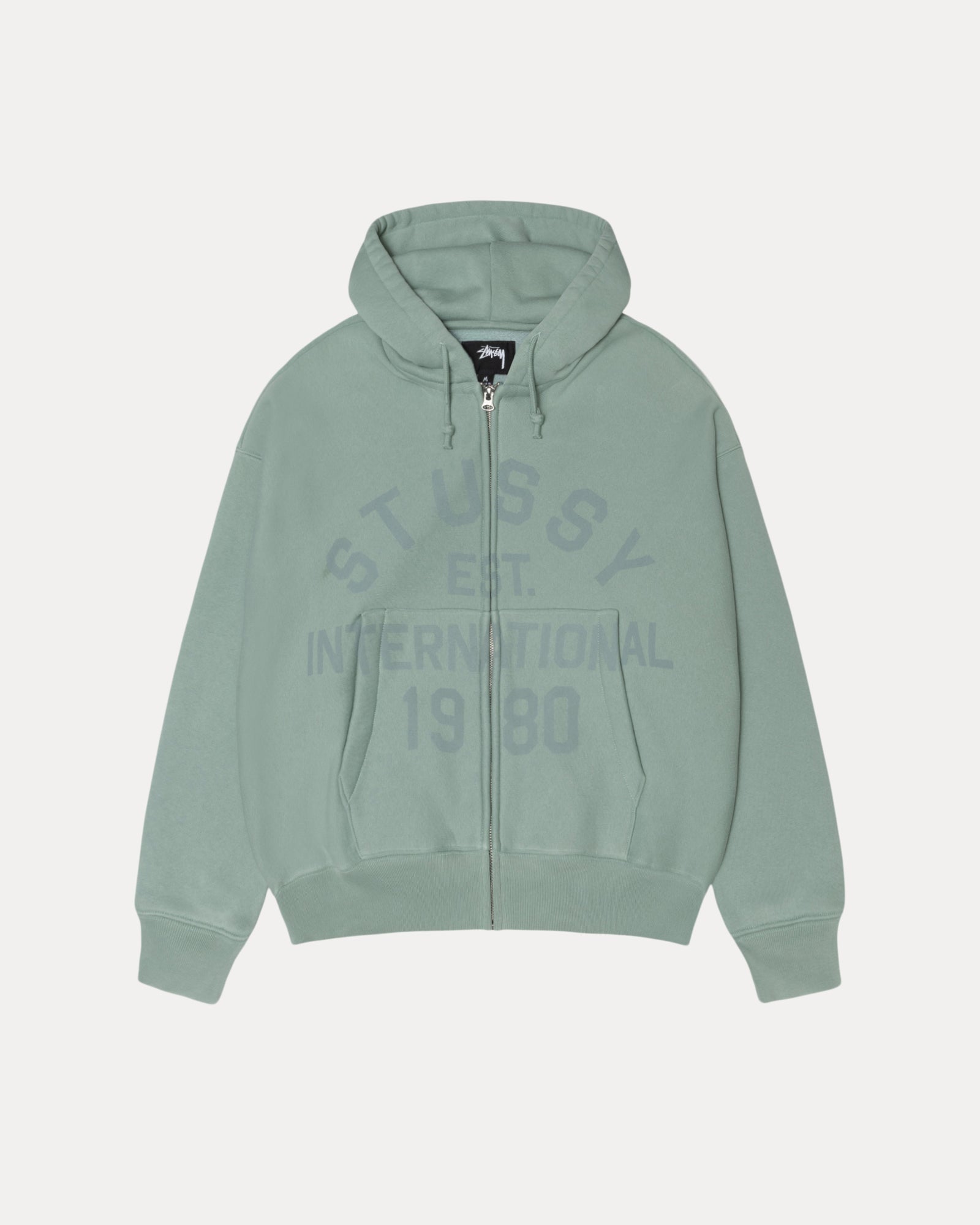 Stussy Est Printed Zip Hood Mens Long Sleeve In Grey Green | hero:main:collection:new-arrivals,shirts,tops-shirts,all,tees,outerwear,denim,knits,accessories,sunglasses,hoodies,sweats,mens-hoodies-sweatshirts,shorts,pants,bottoms