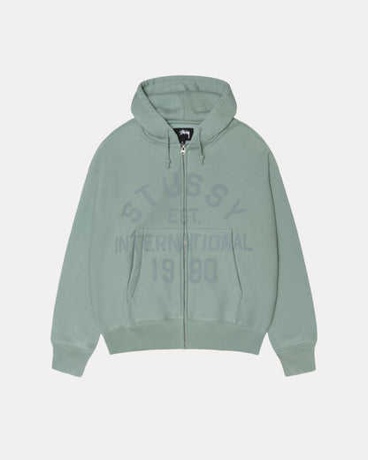 Stussy Est Printed Zip Hood Mens Long Sleeve In Grey Green | hero:main:collection:new-arrivals,shirts,tops-shirts,all,tees,outerwear,denim,knits,accessories,sunglasses,hoodies,sweats,mens-hoodies-sweatshirts,shorts,pants,bottoms