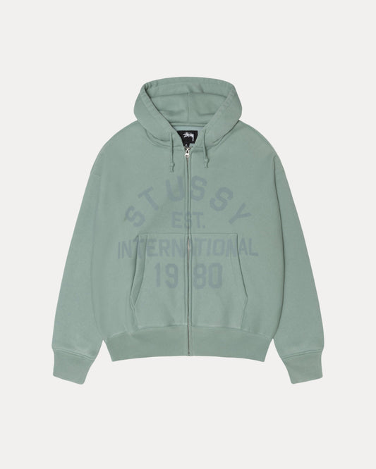 Stussy Est Printed Zip Hood Mens Long Sleeve In Grey Green | hero:main:collection:new-arrivals,shirts,tops-shirts,all,tees,outerwear,denim,knits,accessories,sunglasses,hoodies,sweats,mens-hoodies-sweatshirts,shorts,pants,bottoms