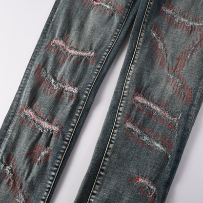 Purple Red Distressed Patch Jeans