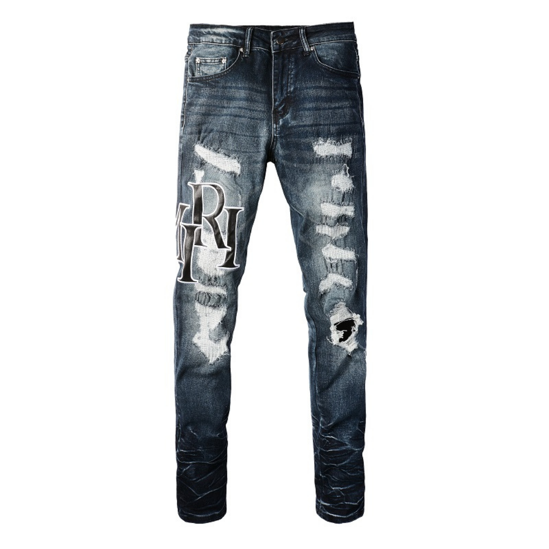 Amr Black Staggerd Logo Patch Jeans