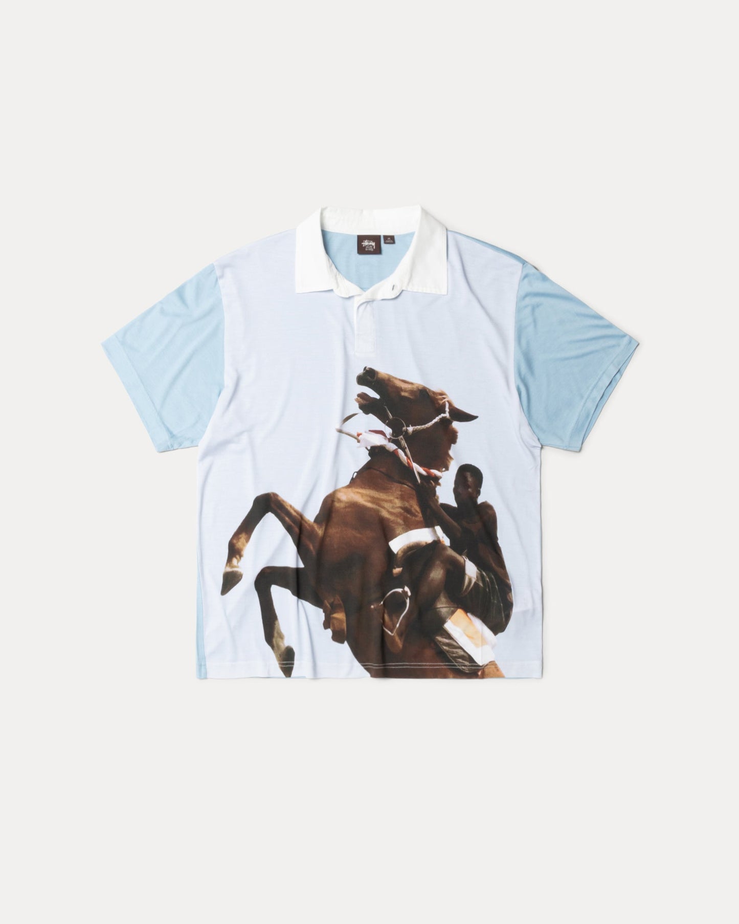 Wb Silk Polo Mens Short Sleeve In Blue | hero:main:collection:new-arrivals,wales-bonner,shirts,tops-shirts,all,tees,outerwear,denim,knits,accessories,sunglasses,hoodies,sweats,mens-hoodies-sweatshirts,shorts,pants,bottoms