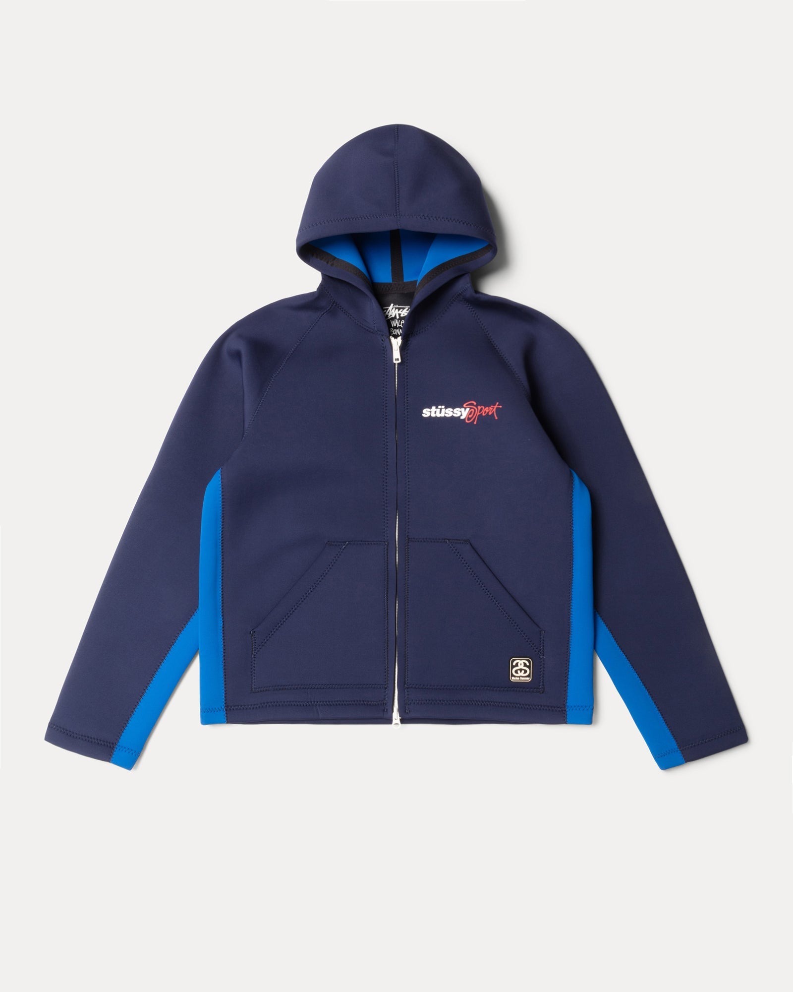 Wb Neoprene Hoodie Mens Long Sleeve In Navy | hero:main:collection:new-arrivals,wales-bonner,shirts,tops-shirts,all,tees,outerwear,denim,knits,accessories,sunglasses,hoodies,sweats,mens-hoodies-sweatshirts,shorts,pants,bottoms