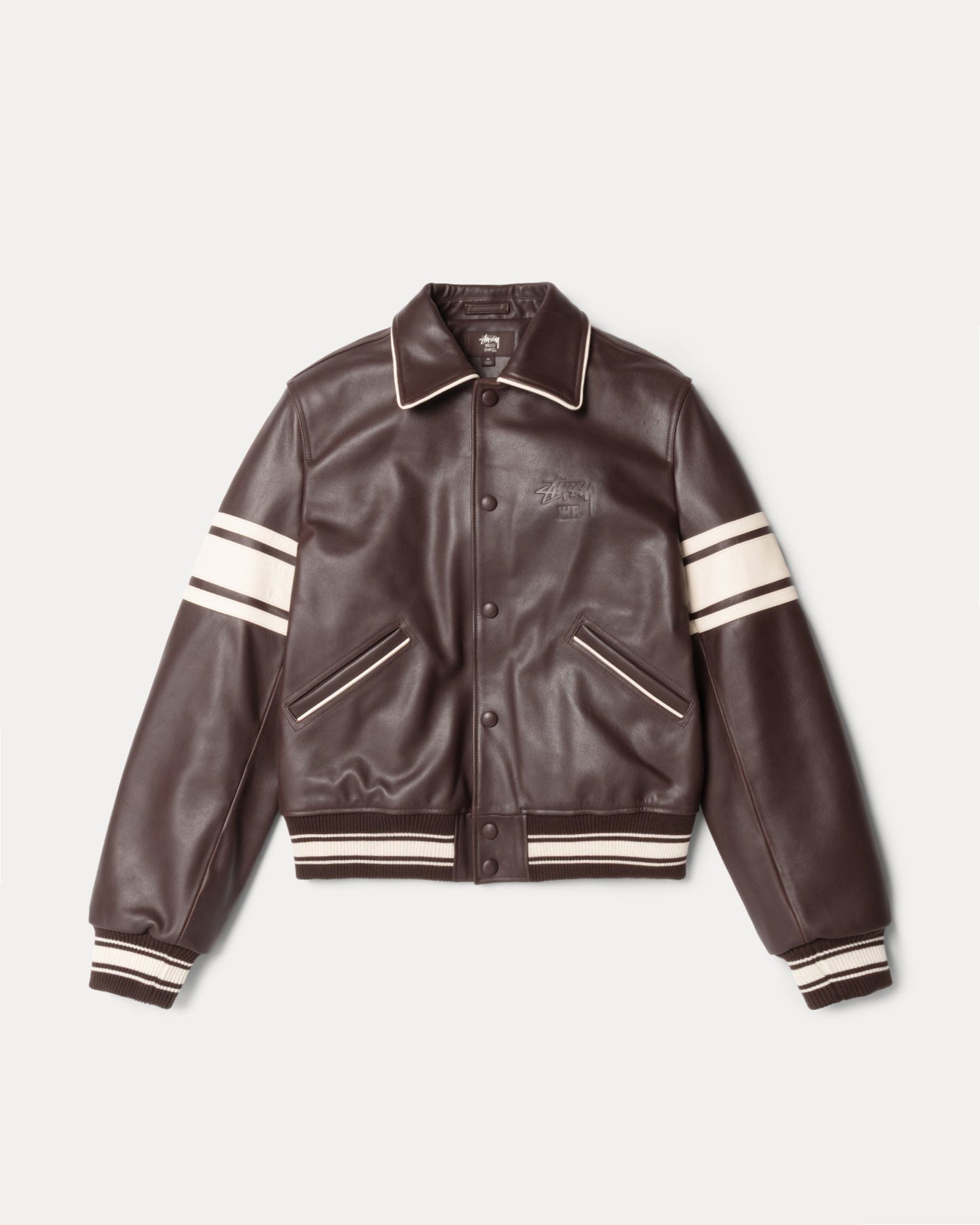 Wb Leather Varsity Mens Long Sleeve In Brown | hero:main:collection:new-arrivals,wales-bonner,shirts,tops-shirts,all,tees,outerwear,denim,knits,accessories,sunglasses,hoodies,sweats,mens-hoodies-sweatshirts,shorts,pants,bottoms