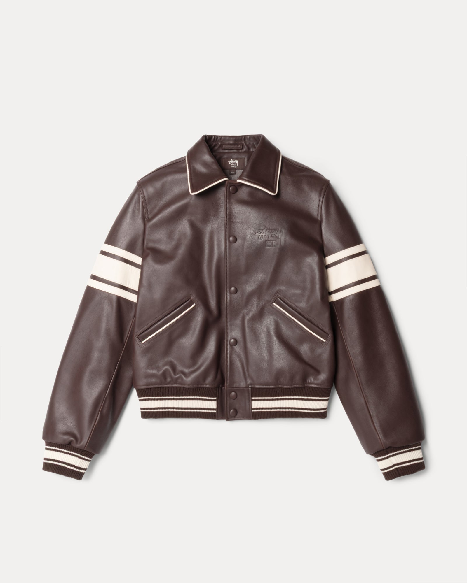 Wb Leather Varsity Mens Long Sleeve In Brown | hero:main:collection:new-arrivals,wales-bonner,shirts,tops-shirts,all,tees,outerwear,denim,knits,accessories,sunglasses,hoodies,sweats,mens-hoodies-sweatshirts,shorts,pants,bottoms