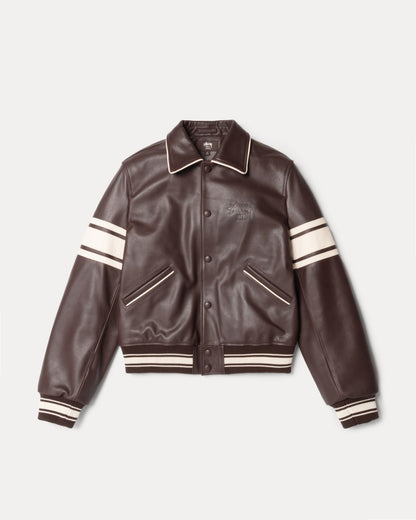 Wb Leather Varsity Mens Long Sleeve In Brown | hero:main:collection:new-arrivals,wales-bonner,shirts,tops-shirts,all,tees,outerwear,denim,knits,accessories,sunglasses,hoodies,sweats,mens-hoodies-sweatshirts,shorts,pants,bottoms