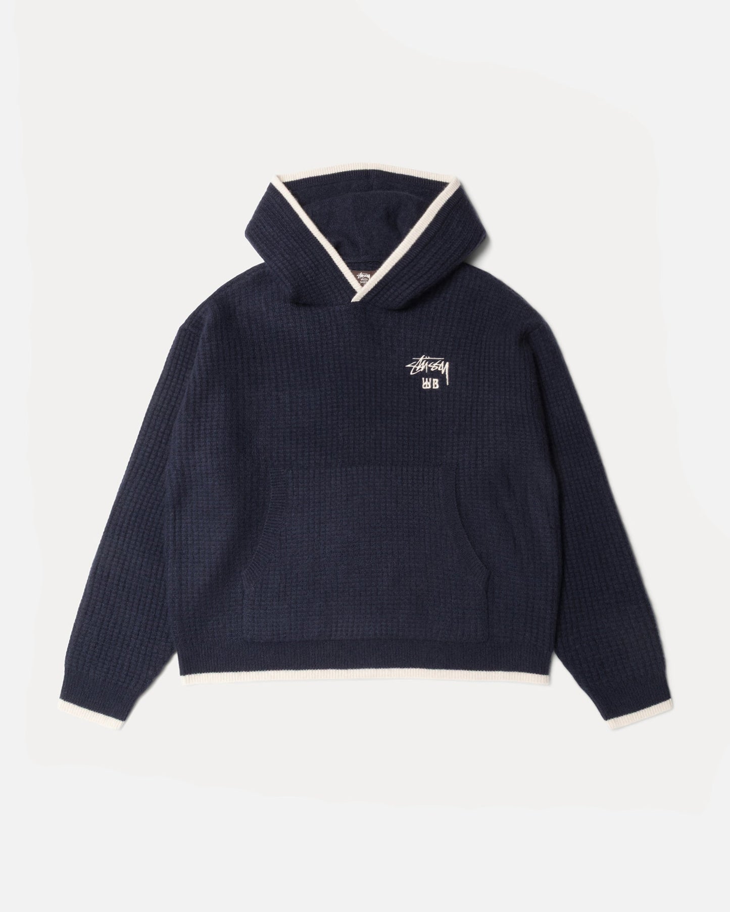Wb Cashmere Hood Mens Long Sleeve In Navy | hero:main:collection:new-arrivals,wales-bonner,shirts,tops-shirts,all,tees,outerwear,denim,knits,accessories,sunglasses,hoodies,sweats,mens-hoodies-sweatshirts,shorts,pants,bottoms
