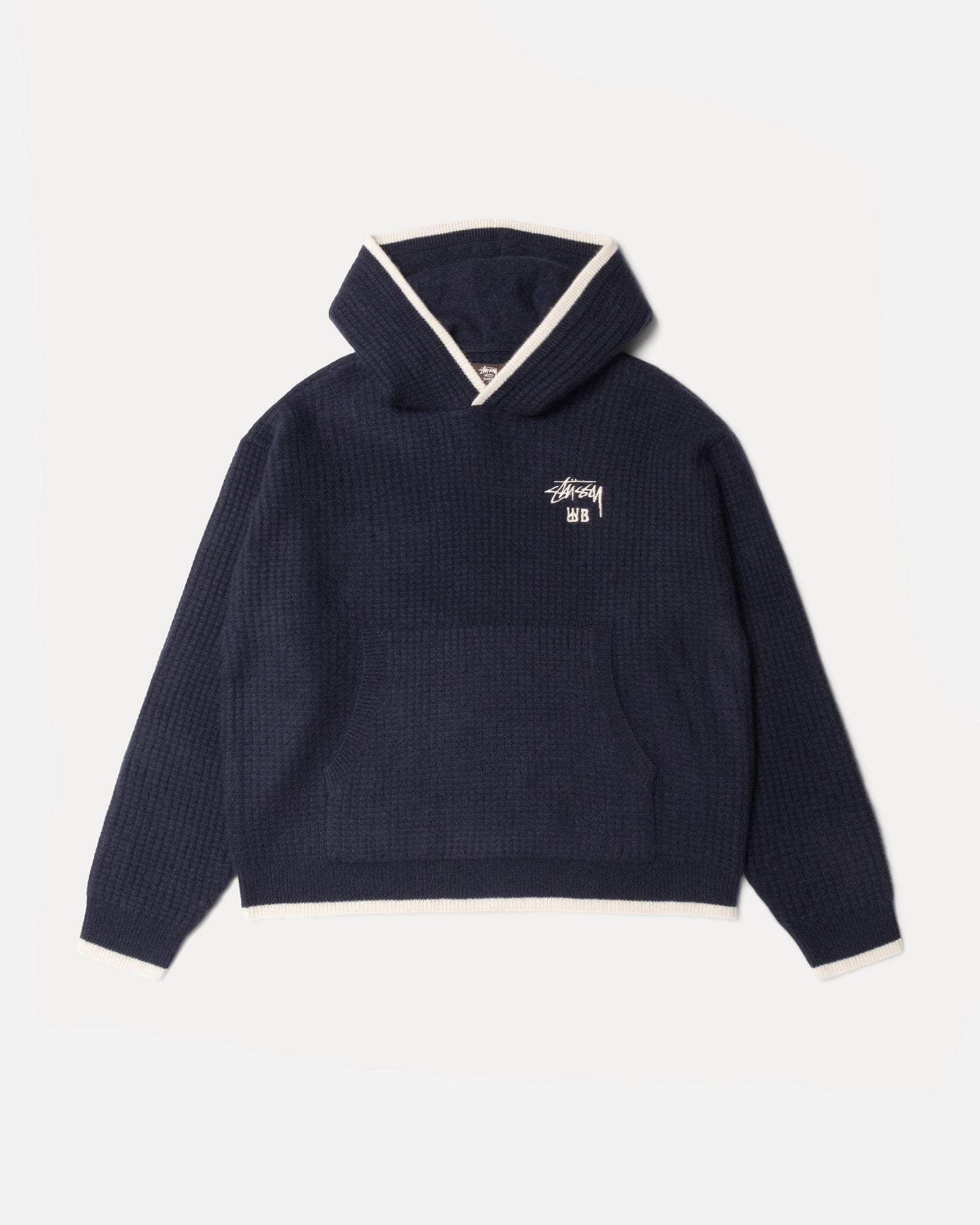 Wb Cashmere Hood Mens Long Sleeve In Navy | hero:main:collection:new-arrivals,wales-bonner,shirts,tops-shirts,all,tees,outerwear,denim,knits,accessories,sunglasses,hoodies,sweats,mens-hoodies-sweatshirts,shorts,pants,bottoms