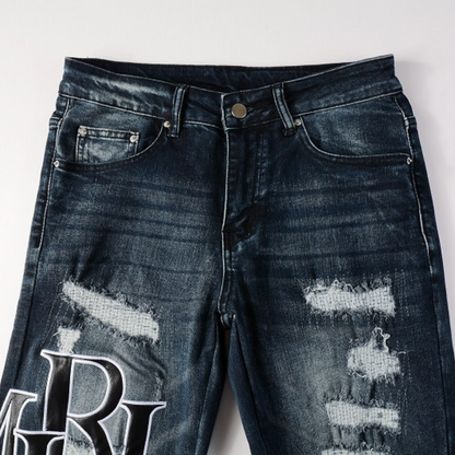 Amr Black Staggerd Logo Patch Jeans