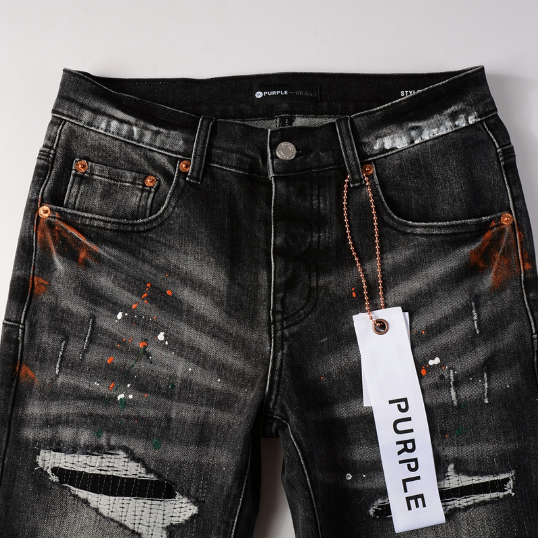 Purple Distressed Paint Jeans